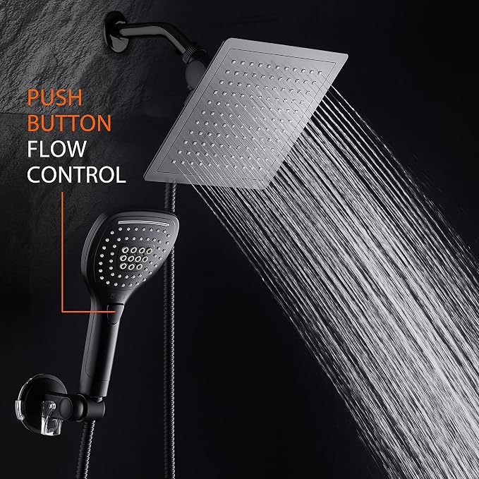 DreamSpa Ultra-Luxury 9-inch Square Rainfall & Handheld Shower Head Combo | Enjoy Extra-wide Flow Coverage and Convenient Push-button Hand Shower Mode Control. Premium Stainless Steel Hose / Black