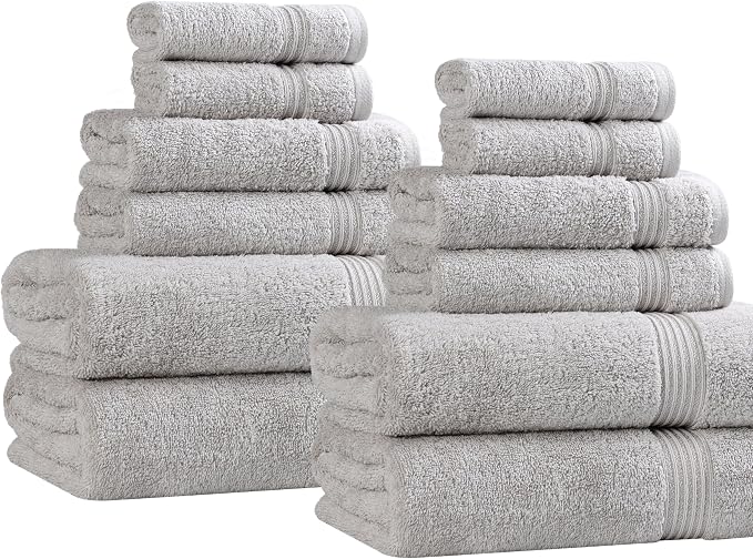 Superior Egyptian Cotton 12-Piece Towel Set, Assorted Towels for Home Bathroom, Guest Bath Decor Essentials, Includes 4 Bath, 4 Hand, 4 Face Towels/Washcloths, Quick Dry, Absorbent - Silver