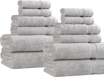 Superior Egyptian Cotton 12-Piece Towel Set, Assorted Towels for Home Bathroom, Guest Bath Decor Essentials, Includes 4 Bath, 4 Hand, 4 Face Towels/Washcloths, Quick Dry, Absorbent - Silver