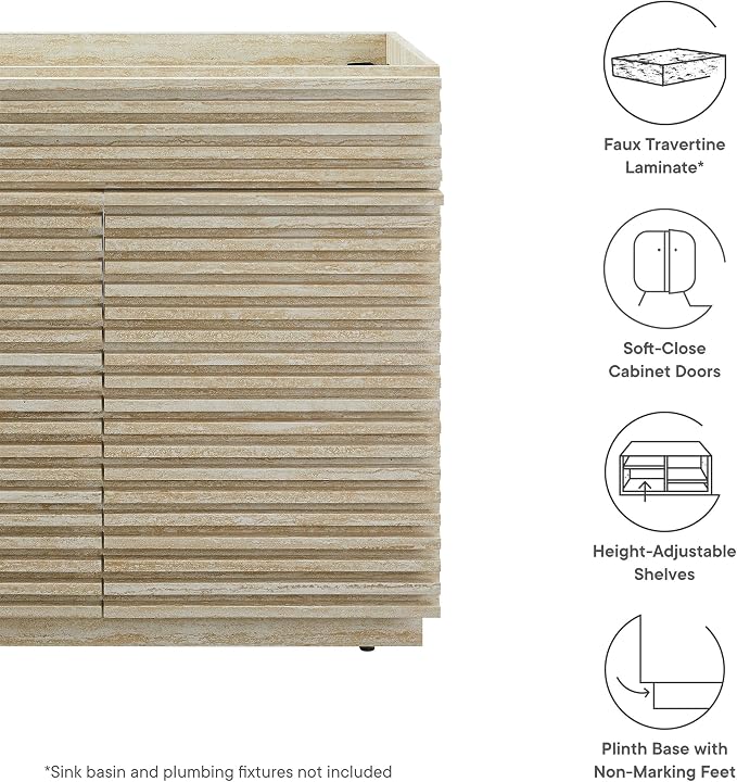 Modway Render Faux Travertine Slatted Bathroom Cabinet in Travertine - 36 Inch Single Bathroom Vanity with No Sink - Modern Freestanding Vanity Storage Cabinet - Mid-Century Bathroom Furniture
