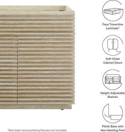 Modway Render Faux Travertine Slatted Bathroom Cabinet in Travertine - 36 Inch Single Bathroom Vanity with No Sink - Modern Freestanding Vanity Storage Cabinet - Mid-Century Bathroom Furniture