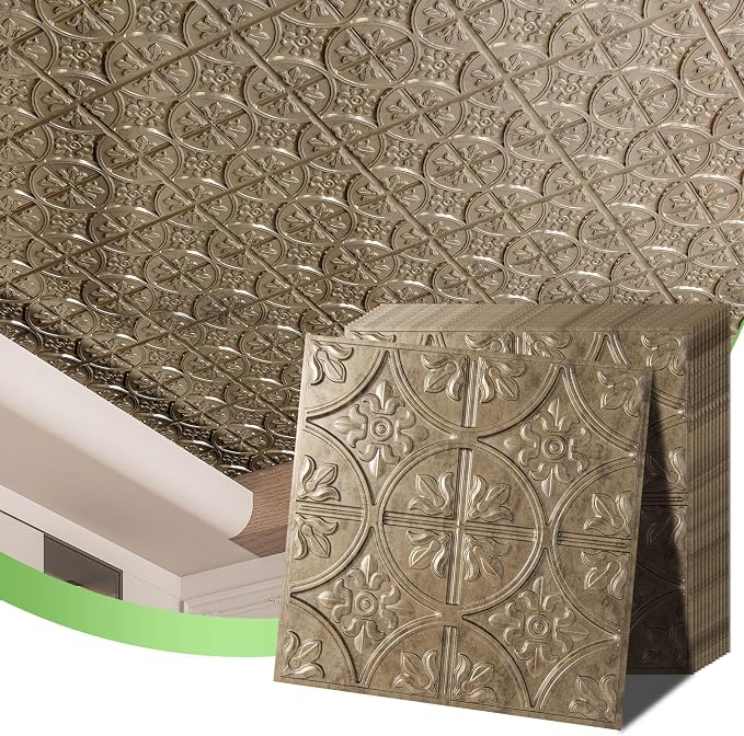 Art3d Fancy Classic Style Drop Ceiling Tiles, 2 x 2 ft, Antique Gold | PVC, Lightweight, Waterproof, Easy to Wipe Clean, Compatible with Grid System, Suitable for Kitchen, Bathroom, Basement