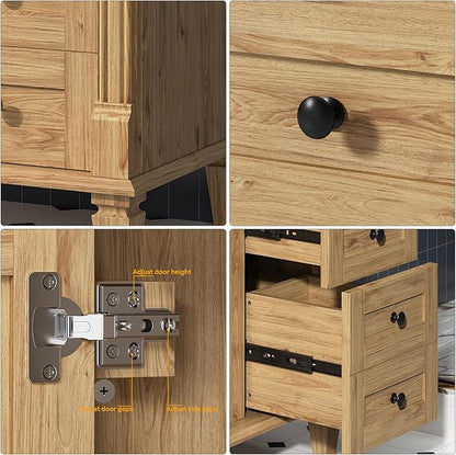 LIKIMIO 30 Inch Bathroom Vanity with Sink, Towel Holder & Adjustable Solid Wood Legs for Uneven Floor, Modern Bathroom Storage Cabinet with Tip-Out Drawer, 2 Drawers & Adjustable Shelf, Nature