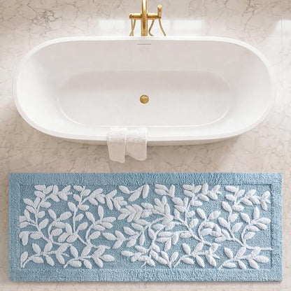 Madison Park Serene Tufted Bath Rug Cotton Absorbent, 24 x 60, Blue | Quick Dry, Soft Pile, Machine Washable, Floral Pattern, Plush, OEKO-TEX Certified
