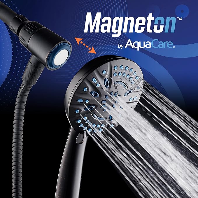 AquaCare Magneton 8-Mode High Pressure Handheld Shower Head with 2 Brackets | Space-age Magnetic Guidance Docking, Giant 5-inch Face with Hygienic Jets, Extra-long 6 ft. Stainless Steel Hose / Bronze