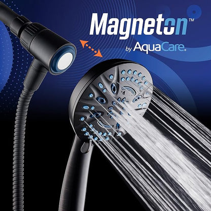 AquaCare Magneton 8-Mode High Pressure Handheld Shower Head with 2 Brackets | Space-age Magnetic Guidance Docking, Giant 5-inch Face with Hygienic Jets, Extra-long 6 ft. Stainless Steel Hose / Bronze