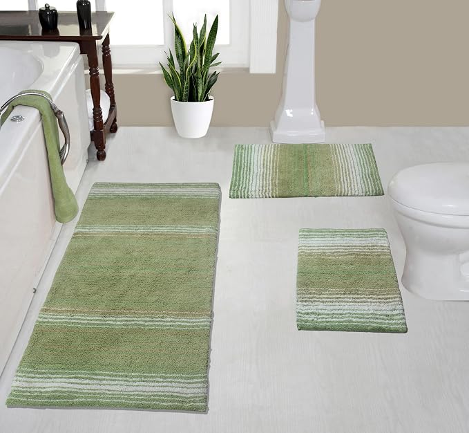 Home Weavers 100% Cotton Gradiation Collection Bathroom Décor | Washable Rug | Bathroom Mat | Kitchen Mat | Bathroom Rug Set | Bath Mat Set | Bath Floor Mat Non Slip, 3 Piece Set with Runner, Sage