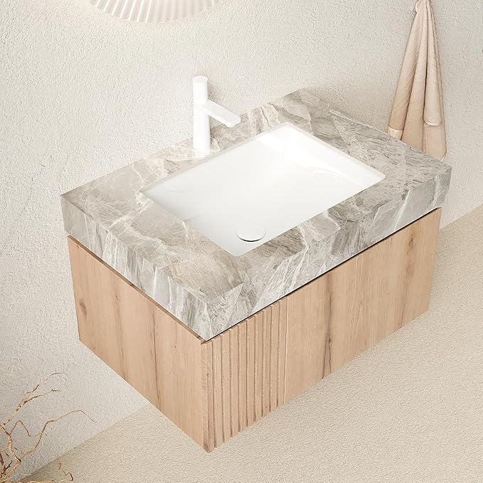 Ambrovina 30" Floating Bathroom Vanity with Sink, Modern Plywood Bathroom Storage Cabinet with Drawer and Door, Gray Sintered Stone Countertop and White Ceramic Basin, Pre-Assembled, Light Oak