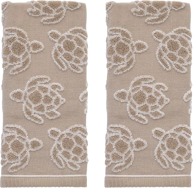 SKL Home Turtle Sculpted Hand Towel Set-2pc, 100% Cotton Jacquard, Taupe | Plush, absorbent & textured. For use in the bathroom, kitchen, or bar. Great for Airbnb, beach homes & coastal décor.