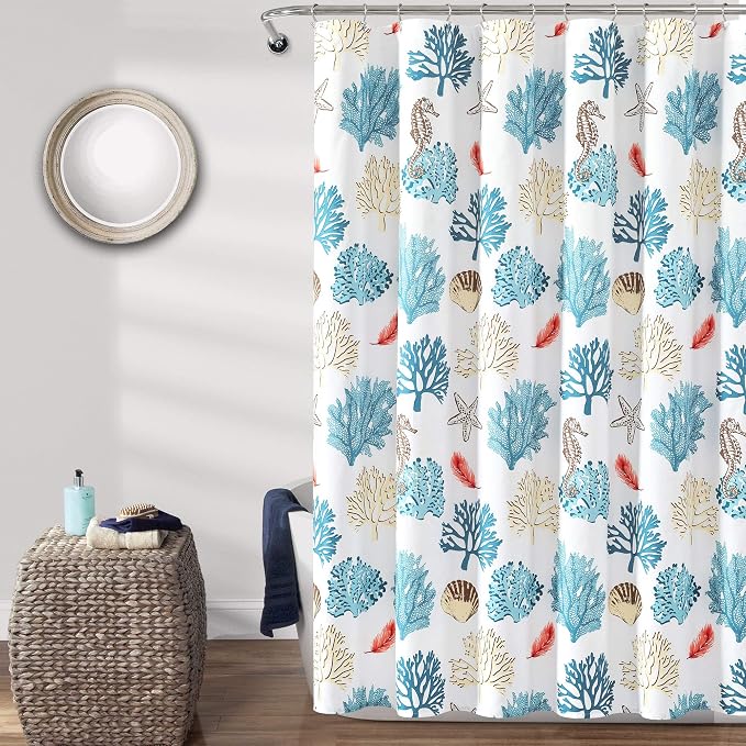 Lush Decor Coastal Reef Feather Shower Curtain, 72" W x 72" L, Blue & Coral - Coastal Shower Curtain - Fabric Curtains - Ocean Bathroom Decor - Beach House - Beachy Room