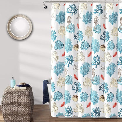 Lush Decor Coastal Reef Feather Shower Curtain, 72" W x 72" L, Blue & Coral - Coastal Shower Curtain - Fabric Curtains - Ocean Bathroom Decor - Beach House - Beachy Room