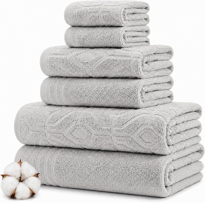 Modern Threads 6 Piece Cotton Bath Towel Set – Ultra Soft 550 GSM Towels – Bathroom Set with Hand Towels and Washcloths – Geometric (Silver Cloud)