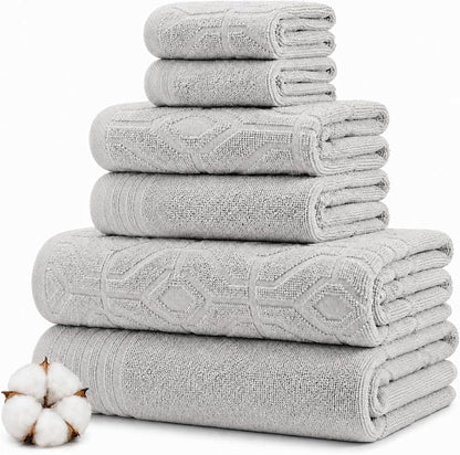 Modern Threads 6 Piece Cotton Bath Towel Set – Ultra Soft 550 GSM Towels – Bathroom Set with Hand Towels and Washcloths – Geometric (Silver Cloud)