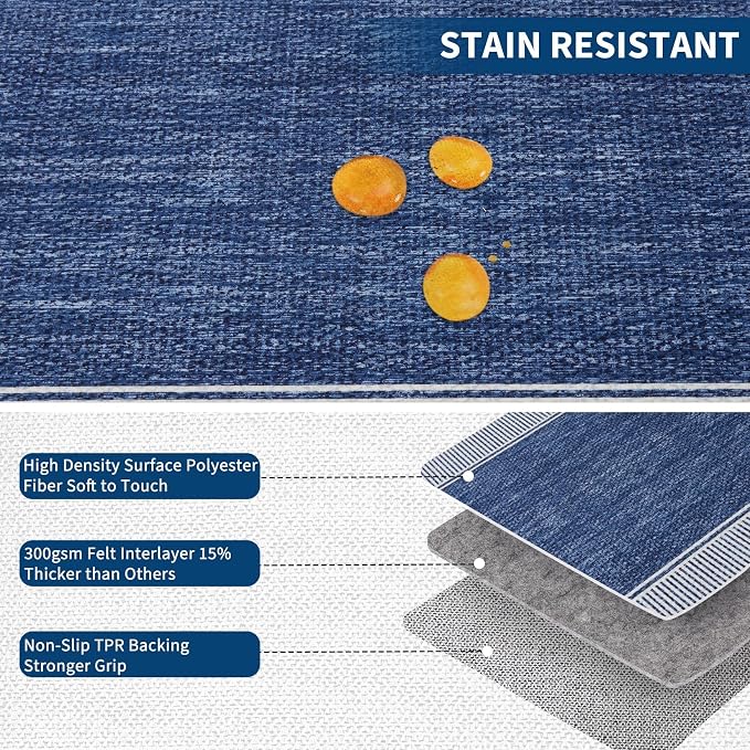 Garvee Living Room Rug 10x13 Washable Modern Bordered Bedroom Rug Blue | Large Non-Shedding Stain-Resistant Foldable Accent Rugs Ultra-Soft Non Slip Low Pile Floor Cover for Nursery Kids Room Office