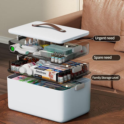 Spreezy 3-Tier Medicine Storage Box, Portable Empty First Aid Kit | Cabinet with Leather Handles. Large Capacity Multifunctional Storage Box with Lid and Clasp for Medicine, Sewing, Art, Craft