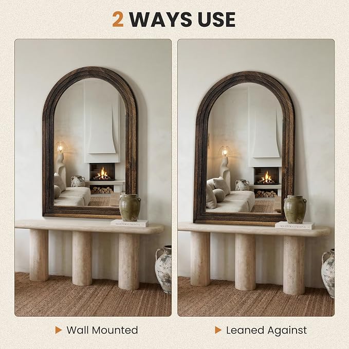 Arched Bathroom Mirror, 45"x30" Brown Wood Frame Wall Mirror | Farmhouse Vintage Vanity Mirror with Layered Frame for Entryway, Living Room, Bedroom