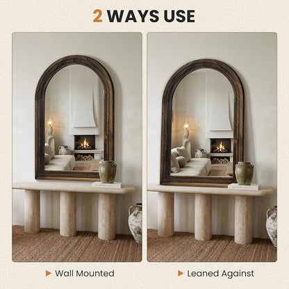 Arched Bathroom Mirror, 45"x30" Brown Wood Frame Wall Mirror | Farmhouse Vintage Vanity Mirror with Layered Frame for Entryway, Living Room, Bedroom