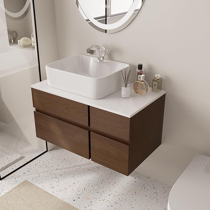 Bathroom Vanity Floating Bathroom Sink Cabinet with Ceramic Vessel Sink Wall Mounted Floating Vanity (Walnut, 31.5W)