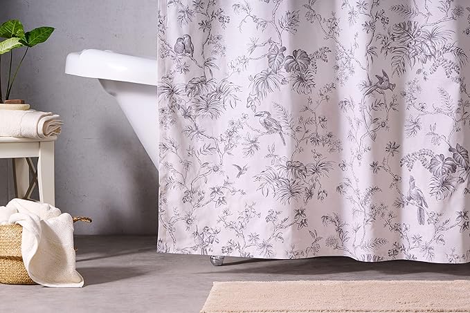 Maison d' Hermine Shower Curtain 100% Cotton One Panel 70"x72" Washable Fabric Shower Curtains for Bathroom, Easy Hanging with 12 Button Holes - Home Hotel Easter Gifts (Jouy Paradise - Grey)