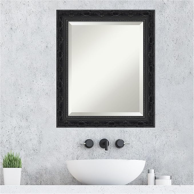Amanti Art Black Bathroom Mirror for Over Sink, 24x20 Filigree Gloss Black Rectangle Vanity Mirror, Small Traditional Frame, Hangs Horizonally and Vertically, Bathroom Wall Decor, Beveled Edge