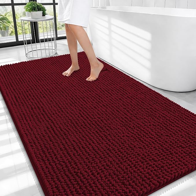 OLANLY Thick Chenille Large Bathroom Rugs Mats 44x32, Burgundy | Soft Absorbent Bath Rugs, Rubber Backing, Machine Wash Dry, Bath Mats for Bathroom, Tub and Shower, Home Decor Accessories