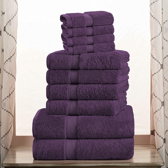 SUPERIOR Egyptian Cotton Ultra Plush & Absorbent, 10 Piece Set, Plum | Quick Dry, Soft Luxury Towel Set, Bath Essentials, Guest Bath, Spa, 2 Bath, 4 Hand, 4 Face Towels, Madeline Towels