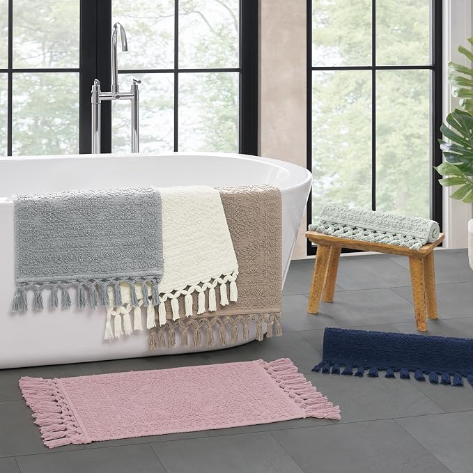 French Connection Nellore Bathroom Rugs, Woven and Beaded Bathroom Mats, Durable Bath Rugs, Thick Bath Mats for Bathroom and Shower Rugs, 24" x 64", Light Brown