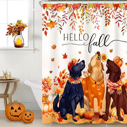 Fall Shower Curtain Set Autumn Pumpkin Leaves Dog Shower Curtains Rustic Waterproof Fabric Bath Curtains with 12 Hooks for Fall Home Bathroom Decor, 72 x 72 Inches