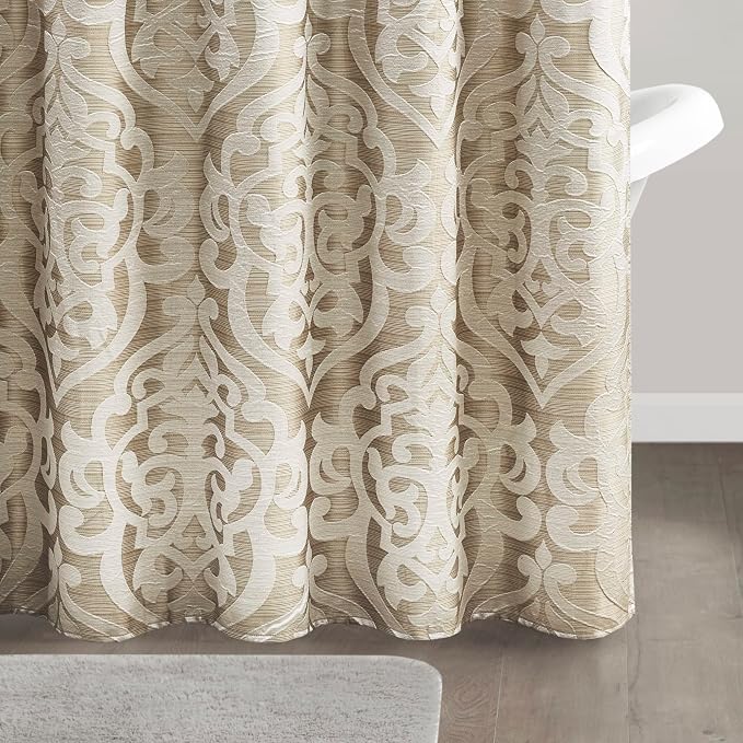 Madison Park Fabric Damask Medallion Shower Curtain, 72"x72" Tan/Ivory | Luxe Textured Jacquard, Machine Washable Modern Home Bathroom Decor, Bathtub Privacy Screen
