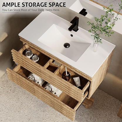 eclife 36" Floating Bathroom Vanity with Sink Combo Mid-Century Wall Mounted Cabinet with Wood Stripes Decor, Drawers, Undermount Single Sink, Faucet, Drain, Light Walnut