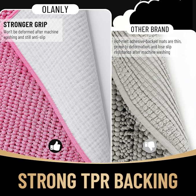 OLANLY Thick Chenille Absorbent Bathroom Rugs Mat 30x20, Hot Pink | Soft Bath Rugs, Rubber Backing, Machine Wash Dry, Bath Mats for Bathroom, Tub and Shower, Home Decor Accessories