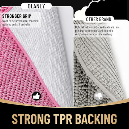 OLANLY Thick Chenille Small Bathroom Rugs Mats 24x16, Hot Pink | Soft Absorbent Bath Rugs, Rubber Backing, Machine Wash Dry, Bath Mats for Bathroom, Tub and Shower, Home Decor Accessories