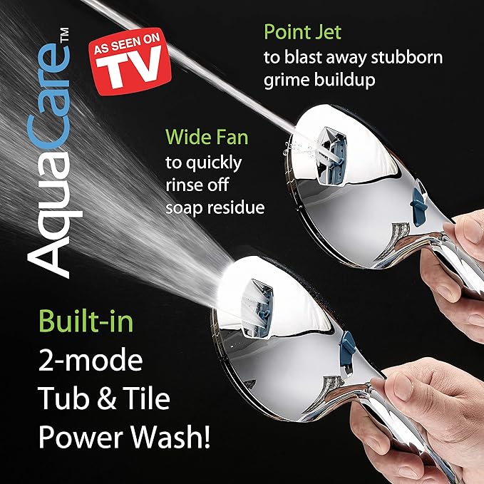AquaCare 8-mode High Pressure Handheld Shower Head with 2-mode Power Wash | Stay Clean Nozzles, Dual Power Wash for Tub, Tile & Pets, Long 6 ft. Stainless Steel Hose, Wall & Overhead Brackets / Chrome