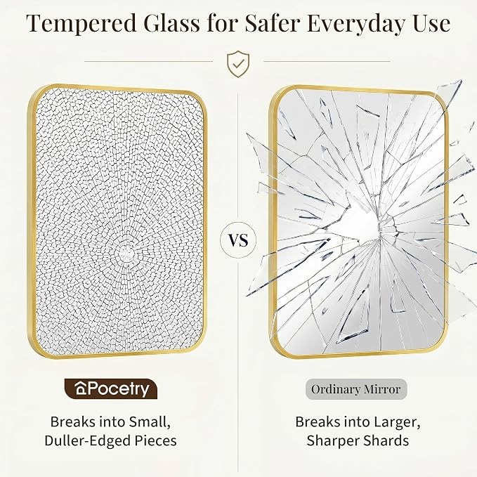 30x36 Inch Brushed Gold Rounded Rectangle Bathroom Vanity Mirror | For Over-Sink Bathrooms, Corrosion-Resistant Aluminum Frame, Slim Front Profile, Two-Way Mount, Protective Packaging