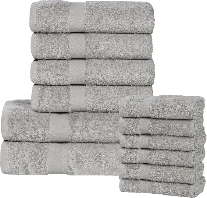 Superior 12-Piece Cotton Assorted Towel Set, Includes 6 Face Towel, 4 Hand, and 2 Bath Towels, Home, Bathroom, Guest Bath Essentials, Quick Dry, Absorbent, Franklin Collection - Silver