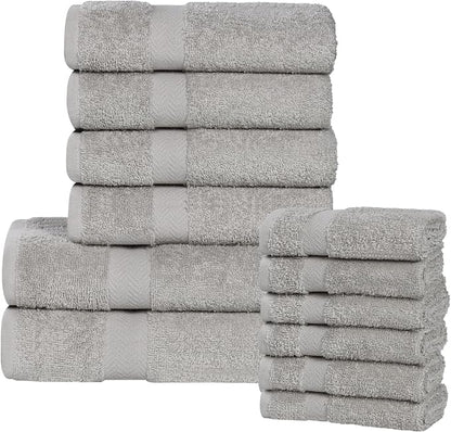 Superior 12-Piece Cotton Assorted Towel Set, Includes 6 Face Towel, 4 Hand, and 2 Bath Towels, Home, Bathroom, Guest Bath Essentials, Quick Dry, Absorbent, Franklin Collection - Silver