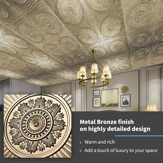 Art3d 12-Pack 2 x 2 ft Drop Ceiling Tiles for Interior Decor, Antique Gold | PVC, Waterproof, Lightweight, Shatterproof, Anti-Fade, Compatible with Grid System, Ideal for Kitchen, Bathroom, Basement