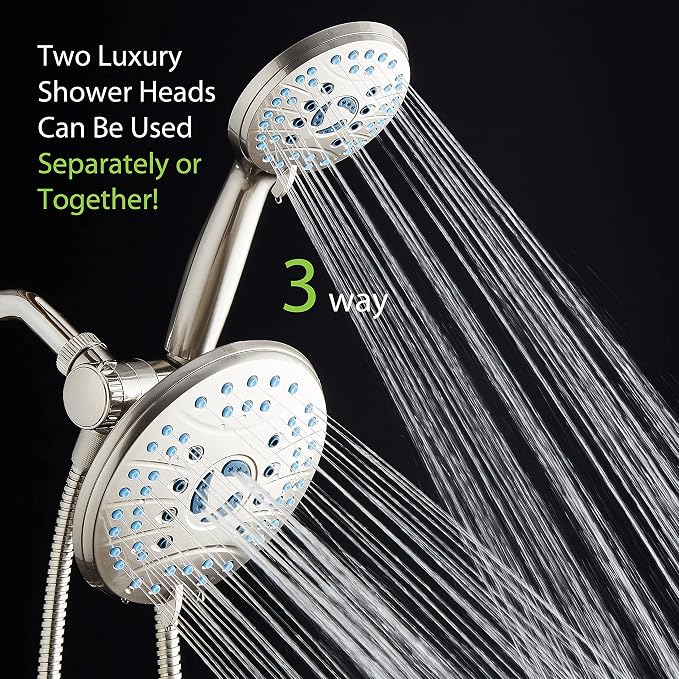 AquaCare 50-mode High Pressure 7 inch Shower Head Combo w/Dual Power Wash | Hygienic Jets, 2-mode Handheld Power Wash for Tub, Tile & Pets, Long 6 ft. Stainless Steel Hose, Extra Wall Bracket / Nickel
