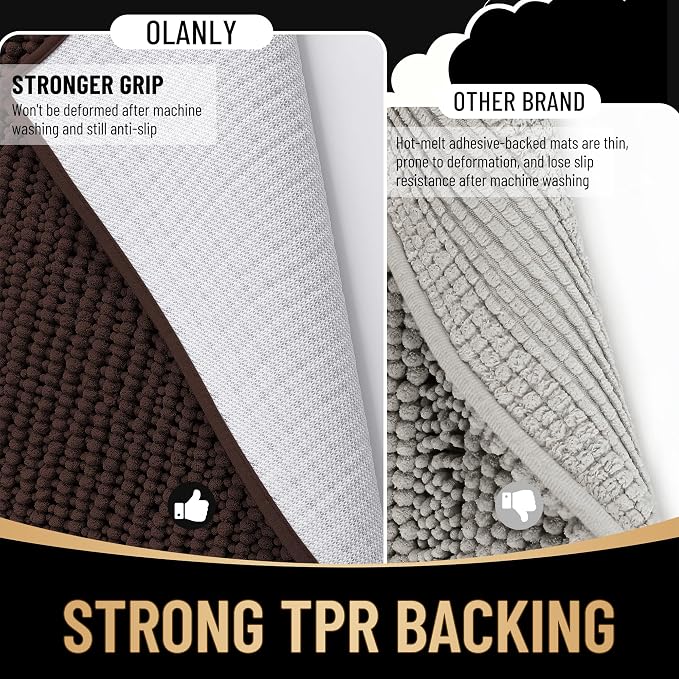 OLANLY Thick Chenille Bathroom Rugs 30x20, Soft Absorbent Bath Mat, Brown | Bath Rugs, Rubber Backing, Machine Wash Dry, Bath Mats for Bathroom Floor, Tub and Shower, Home Decor Accessories