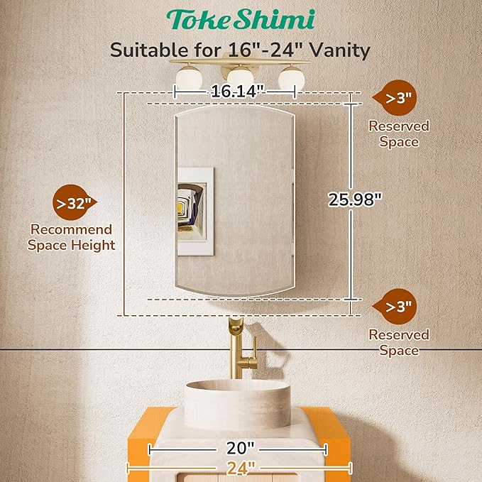 TokeShimi 16 x 26 Oval Bathroom Medicine Cabinet with Mirror Beveled, White Arched Medicine Cabinet with Mirrored, Recessed or in Wall Mirror with Storage Metal Modern