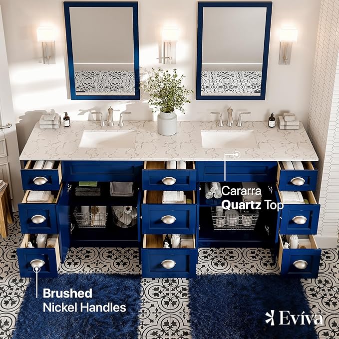 Eviva Blue Bathroom Vanity, 84 inch, Carrara Quartz Countertop - Double Sink - Soft-Closing Doors & Brushed Nickel Handles