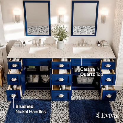 Eviva Blue Bathroom Vanity, 84 inch, Carrara Quartz Countertop - Double Sink - Soft-Closing Doors & Brushed Nickel Handles
