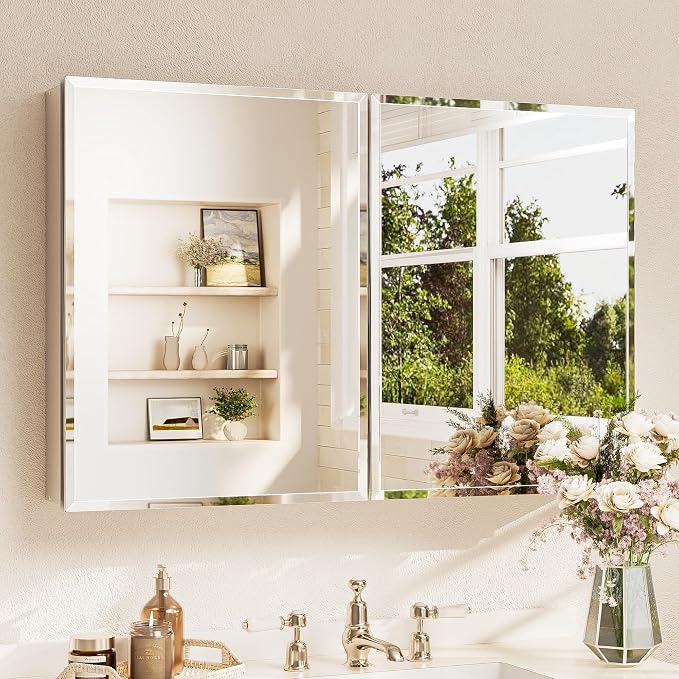 TETOTE 40 x 26 Bathroom Mirror Cabinet with Tempered Beveled MirrorSilverMedicine Cabinet Aluminum Cabinet DTC Hinges, Stepless Adjustable Shelves, Recessed/Surface-Mounted
