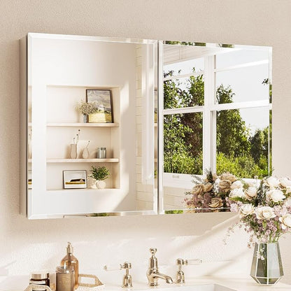 TETOTE 40 x 26 Bathroom Mirror Cabinet with Tempered Beveled MirrorSilverMedicine Cabinet Aluminum Cabinet DTC Hinges, Stepless Adjustable Shelves, Recessed/Surface-Mounted