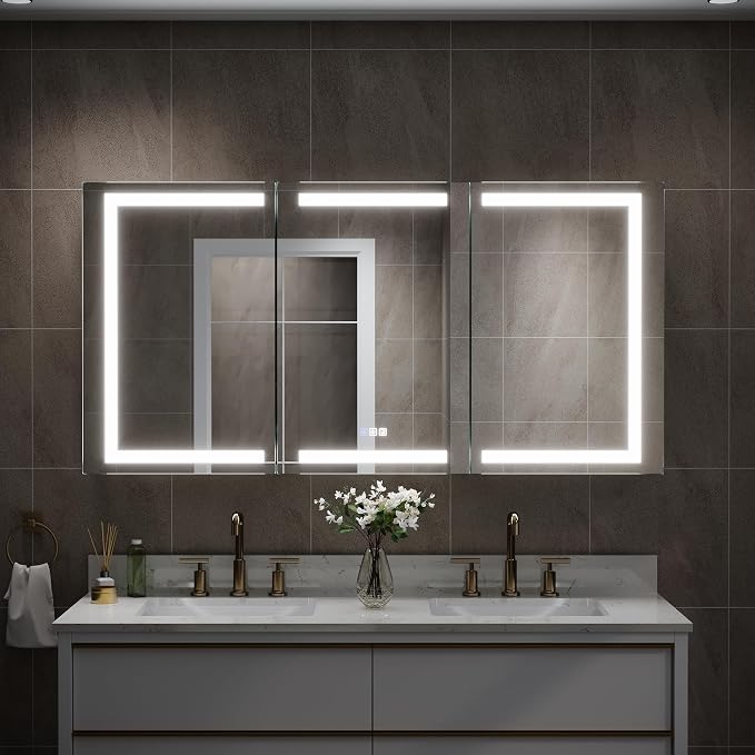 60" X 30" Bathroom Mirror Medicine Cabinet with 3X Magnification Makeup Mirror, LED Mirrored Cabinet, Bathroom Storage Mirror Cabinet, Recessed or Surface, Three Opening Doors