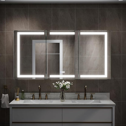 60" X 30" Bathroom Mirror Medicine Cabinet with 3X Magnification Makeup Mirror, LED Mirrored Cabinet, Bathroom Storage Mirror Cabinet, Recessed or Surface, Three Opening Doors