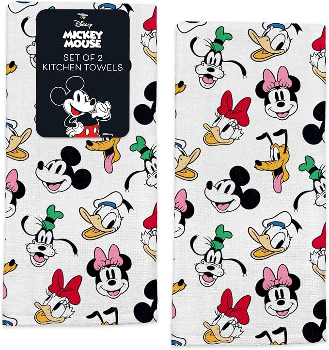 Disney Mickey & Friends Cotton Kitchen Towels, 2-Pack 16"x26", Absorbent | Durable, colorfast dish towels resist fraying, machine washable, dries dishes, hangs on oven handles, great for gifting