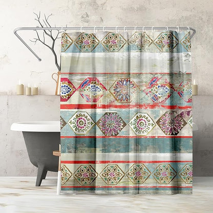 Americanflat 71x74 Boho Shower Curtain - Water-Resistant Long Shower Curtain with Durable Metal Grommets and 12 Hooks - 100% Polyester - Turquoise, Rust Red, Magenta and Olive Green