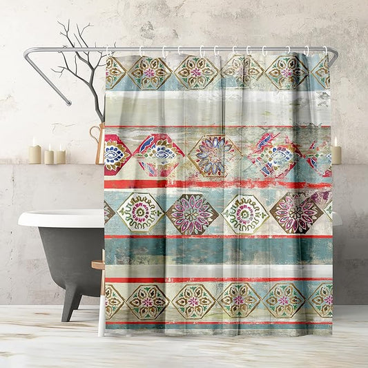Americanflat 71x74 Boho Shower Curtain - Water-Resistant Long Shower Curtain with Durable Metal Grommets and 12 Hooks - 100% Polyester - Turquoise, Rust Red, Magenta and Olive Green
