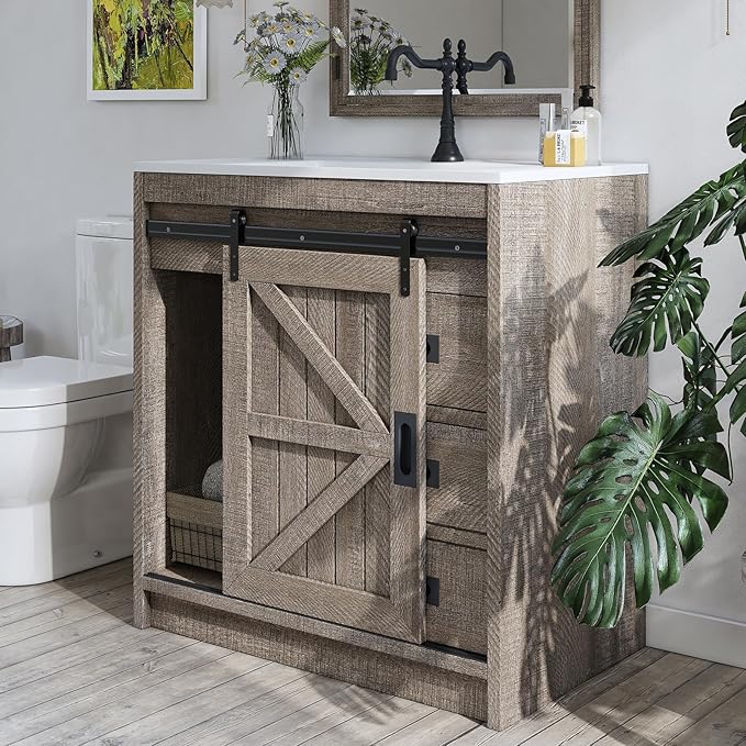 31" Farmhouse Sliding Barn Door Bathroom Vanity with Sink Combo, Bathroom Vanity Cabinet with Drawers & Metal Handles, Freestanding, Gray